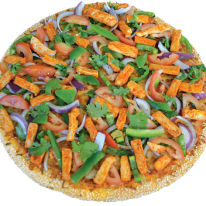 Spicy sauce, spicy chicken, onions, fresh tomatoes, green peppers, cilantro