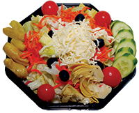 Lettuce, tomatoes, cheese, artichoke hearts, olives, cucumber, pepperoncini, carrots