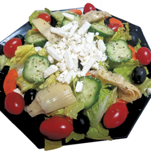 Romaine lettuce, Feta cheese, tomato, artichoke heart, olive, cucumber, carrot, oregano