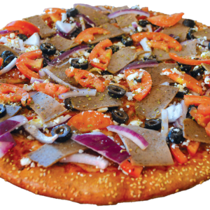 Gyro meat, olives, onions, oregano, fresh tomatoes & feta cheese
