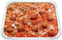 Oven-baked Rotini pasta topped with marinara sauce and seasoned meatballs