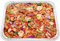 Oven baked Rotini pasta topped with marinara sauce, fresh mushrooms, red onions and green bell peppers