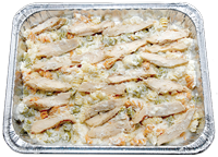 Oven-baked Rotini pasta topped with creamy Alfredo sauce