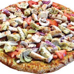 Pesto sauce, grilled chicken, chopped garlic, red onions, Roma tomatoes, fresh mushrooms, artichoke hearts